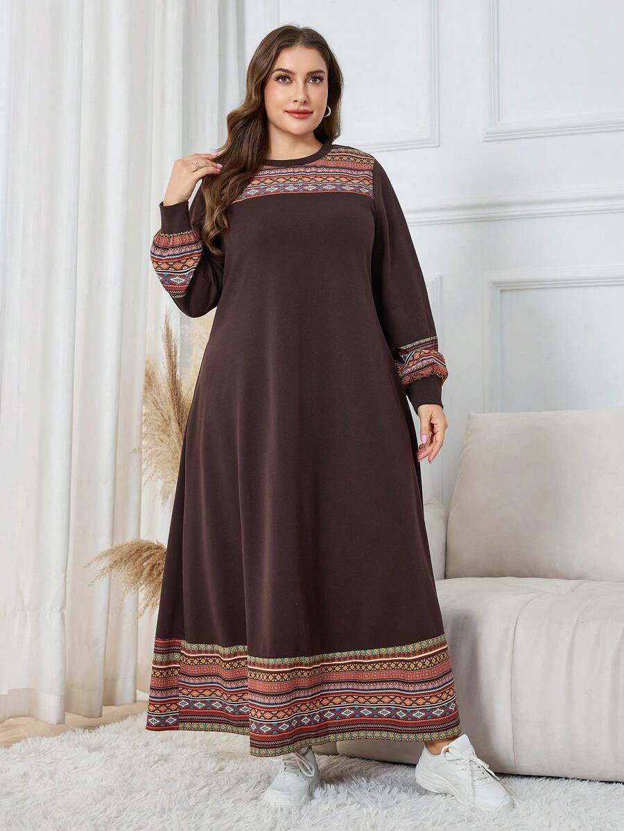 Lacomfia 女式印花拼接灯笼袖宽松休闲舒适家居连衣裙，大码，秋冬 - 彩色 - 查看 1