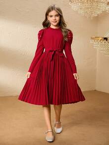 Vestido elegante con cuello de volantes, mangas abullonadas, cintura con cuentas y pliegues para niña preadolescente, para Halloween y Navidad, con cinturón - Rojo - Ver 3