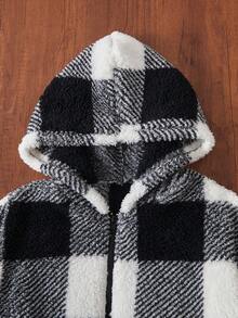 Teenage Boys' Basic Black Casual Fleece Hooded Jacket - Black and White - View 5