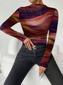Chiquease Camiseta de manga larga asimétrica con pliegues y estampado degradado, camisetas gráficas para mujer de otoño/primavera - Naranja - Ver 5