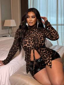 NU&NOW Plus Size Women Sexy Leopard Print Drawstring Hem Long Sleeve T-Shirt Top