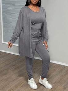 Slaydiva Bộ 3 món áo vest + quần + áo khoác thanh lịch, thoải mái, cỡ lớn thời trang thu đông - Màu Xám nhạt - Xem 4