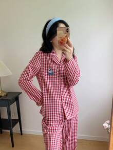 女士宽松舒适红色格子休闲简约兔子刺绣图案两件套睡衣套装 - 紅白色 - 查看 6