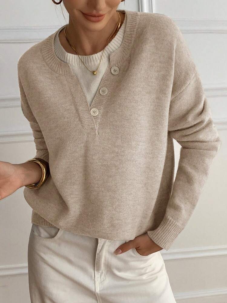 Casual Color Block Henley Neck Pullover, Soft Knit 2 In 1 Sweater For Women