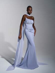 Elitara Elegant Greyish Blue Knitted Stretchy Rhinestone Embellished Sequin Trailing Formal Dinner Dress, Minimalist Wedding Event Birthday Party Gown - Dusty Blue - View 8