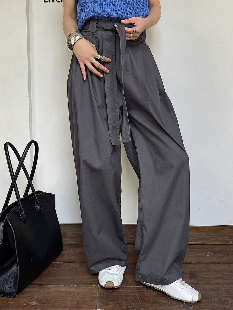 Women's Casual Everyday Commute Simple Versatile Solid Color Fold Pleated Loose Wide Leg Pants