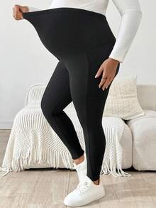 SHEIN 孕妇大码休闲纯色修身裤 - 黑色 - 查看 7