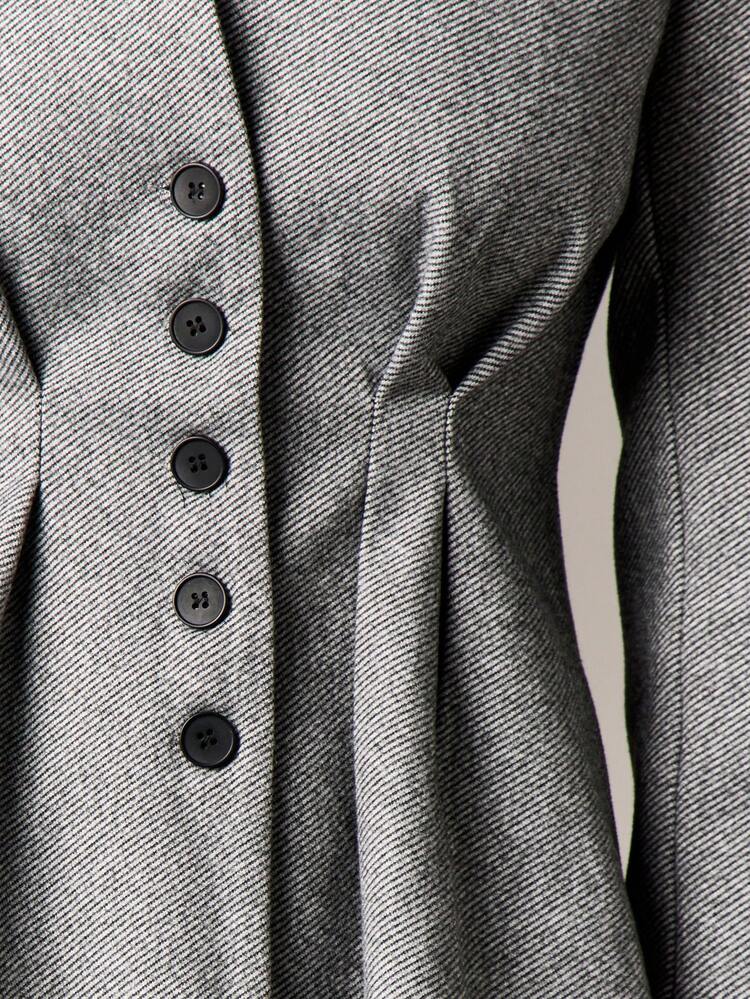 Herringbone Cinched Waist Padded Shoulder Blazer