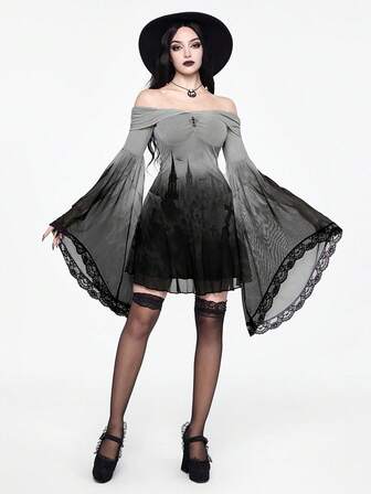 EDITION Vestido de malla con mangas acampanadas y estampado de silueta de cruz de castillo oscuro gótico