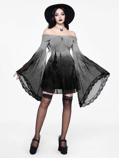 EDITION Gothic Dark Castle Cross Silhouette Print Off Shoulder Flare Sleeve Mesh Dress