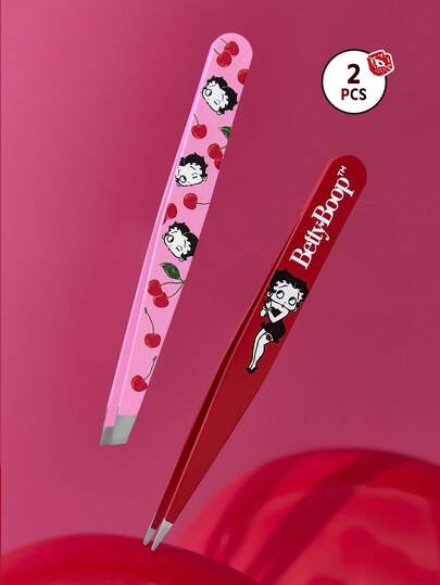 Betty Boop x SHEIN 2 件套多功能高精度不锈钢眉镊套装，可爱实用，居家必备美妆工具，斜口设计，尖头鼻夹，包含睫毛镊和脱毛镊，可用于去除面部毛发、内生毛发和刺，也可作为假睫毛嫁接工具，樱桃图案，粉红/红色，送礼佳品，适合派对、节日、情人节等场合。