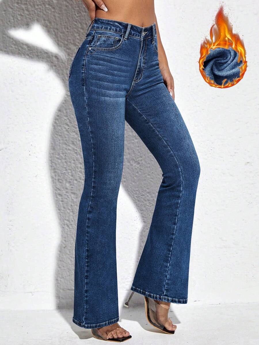 SHEIN PETITE 女式高腰口袋喇叭裤保暖内衬休闲牛仔裤 - 深色水洗藍 - 查看 1