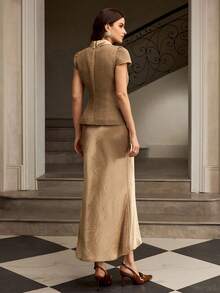 ZEYLAH 2pcs Elegant Satin Patchwork Set - Khaki - View 4