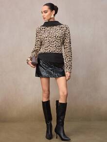 Modelyn Women's Autumn Leopard Print Turtleneck Long Sleeve Backless Fashionable Color Block Shirt - Multicolor - View 4