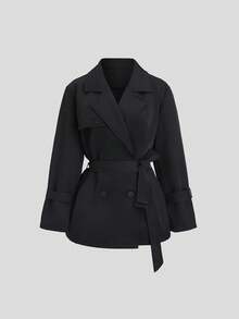 TRNVIE 1 件女士黑色休闲风衣，翻领配腰带，适合通勤和返校，秋冬季 - 黑色 - 查看 1