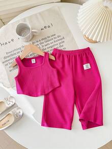 SHEIN Baby Girls Cute Knit Pink Tank Top And Elastic Waist Pants 2 Pieces Set, Summer