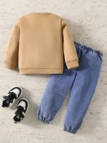 SHEIN 2 件套儿童男童休闲百搭舒适圆领宽松运动衫和牛仔长裤套装 - 彩色 - 查看 3