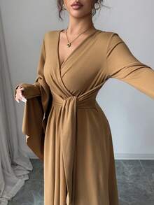 SHEIN Elenzya Women's Solid Color Crossed V-Neck Tie Waist Elegant Dress - Coral Pink - View 4