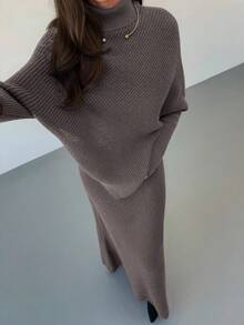 Aloruh 紫色针织两件套 新款冬季加厚女式毛衣裙宽松两件套 - 咖啡棕 - 查看 4