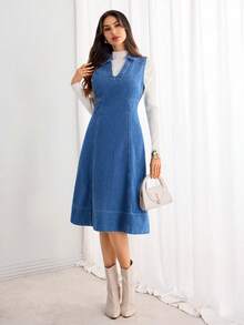 Selianne V领束腰水洗牛仔连衣裙 - 中等水洗藍 - 查看 4