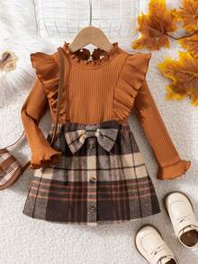 SHEIN Babygirl Cute Casual Collegiate Style Knit Ruffle Trim Long Sleeve Top & Plaid Mini Skirt Set 2pcs Set Toddler Girls Fall Girls Clothes Baby Thanksgiving Dress Brown Toddler Outfit Girl Baby Fall Dress - Brown - View 9