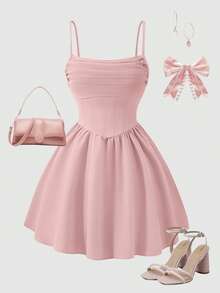 少女纯色褶皱设计时尚吊带背心连衣裙