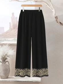 SHEIN Lacomfia Bộ 2 món áo cổ tròn rộng rãi in họa tiết hoa cổ điển màu đen và quần dài cho phụ nữ ngoại cỡ - Nhiều màu - Xem 4