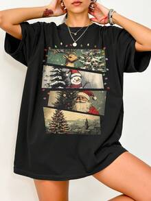 EMERY ROSE 大码休闲圣诞老人、驯鹿和雪人图案印花宽松中长款短袖圆领T恤女款 - 黑色 - 查看 3