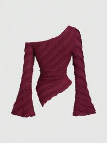 Sweetra Blusa casual de primavera/verano/otoño para mujeres, ideal para viajes y uso diario, con tela texturizada, bajo asimétrico, mangas acampanadas y decoración metálica lateral