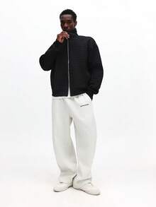 SUMWON 千鸟格纹理宽松拉链连帽衫，带抽绳，休闲街头风外套，秋冬纯色款 - 黑色 - 查看 3