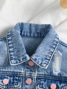 SHEIN 2pcs/Set Young Girl' Blue Denim & Pink Button Collar Long Sleeve Short Jacket And Mini Skirt - Light Wash - View 7