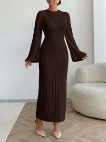 EURMUSE Cable Pattern Sweater Dress Fall Winter - Brown - View 4