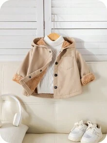 SHEIN Veste à capuche doublée thermique épaisse unisexe pour bébé, beige, convient aux bébés garçons et filles, automne/hiver