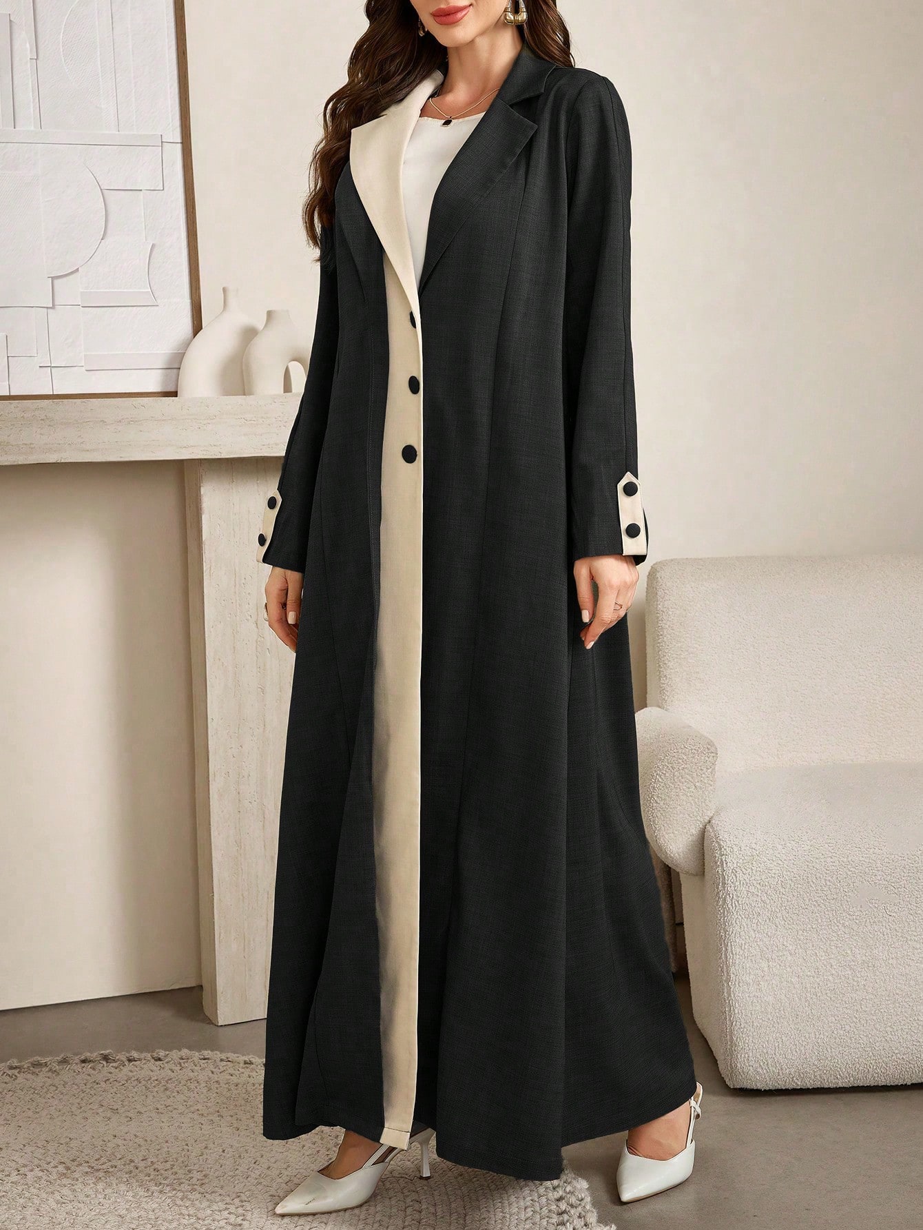 Al Najma عبايات معطف طويل أنيق للنساء بلون متباين...