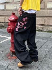 Manfinity EMRG Men's Street Fashion Casual Plaid Embroidered Floral Design Straight Leg Wide Leg Jeans Baggy Jeans With Design Valentine's Day