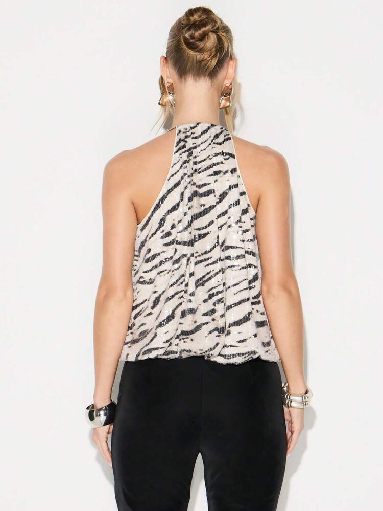 KIZN Sequin Zebra Print Halter Bodysuit With Plunge Neck