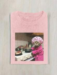 Maweii 大码女式趣味猫咪图案印花圆领短袖T恤 - 粉色 - 查看 3