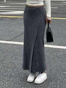 DAZY Asymmetric High Slit Elegant Business Casual Loose Straight Knit Sweater Skirt Set For Women, Autumn/Winter - Dark Grey - View 2