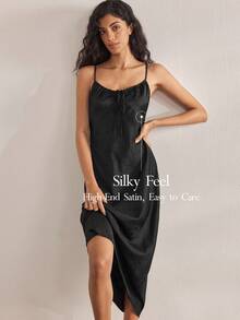 Ocili Satin Jacquard Comfortable Minimalist Slip Dress For Women, Chic Autumn Easy Comfort Autumn Slumber - Black - View 1