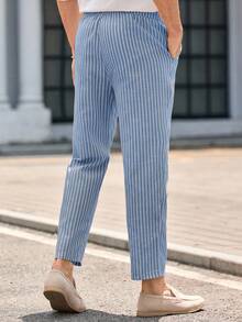 Manfinity VCAY Men's Casual Woven Striped Elastic Waist Cropped Pants - Blue - View 6