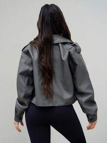 SAYEHFBABY Fashion Zip Up Laple Neck Crop Moto Jacket Fall Winter Cloth For Women - Grey - View 2