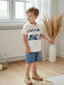 Vintaside Kids Young Boys Summer Countryside Style Leaf Print Polo Shirt & Casual Shorts 2pcs Set Summer Holiday - Blue - View 1