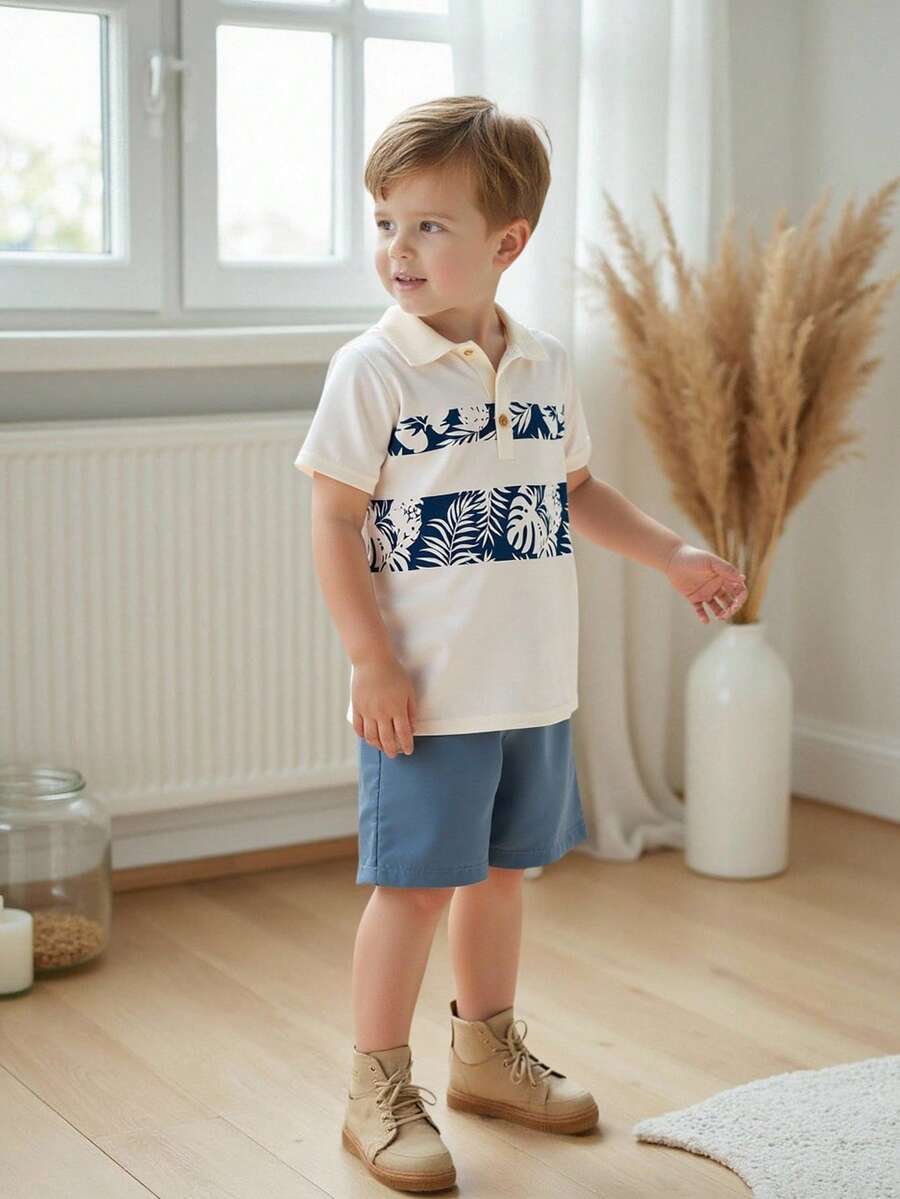 Vintaside Kids Young Boys Summer Countryside Style Leaf Print Polo Shirt & Casual Shorts 2pcs Set Summer Holiday - Blue - View 1