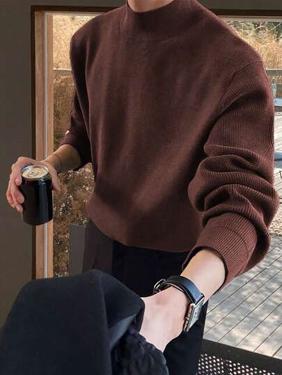 Claim Dot เสื้อสเวตเตอร์ถักแขนยาวคอเต่าครึ่งตัวสีพื้นเรียบง่ายสำหรับผู้ชาย