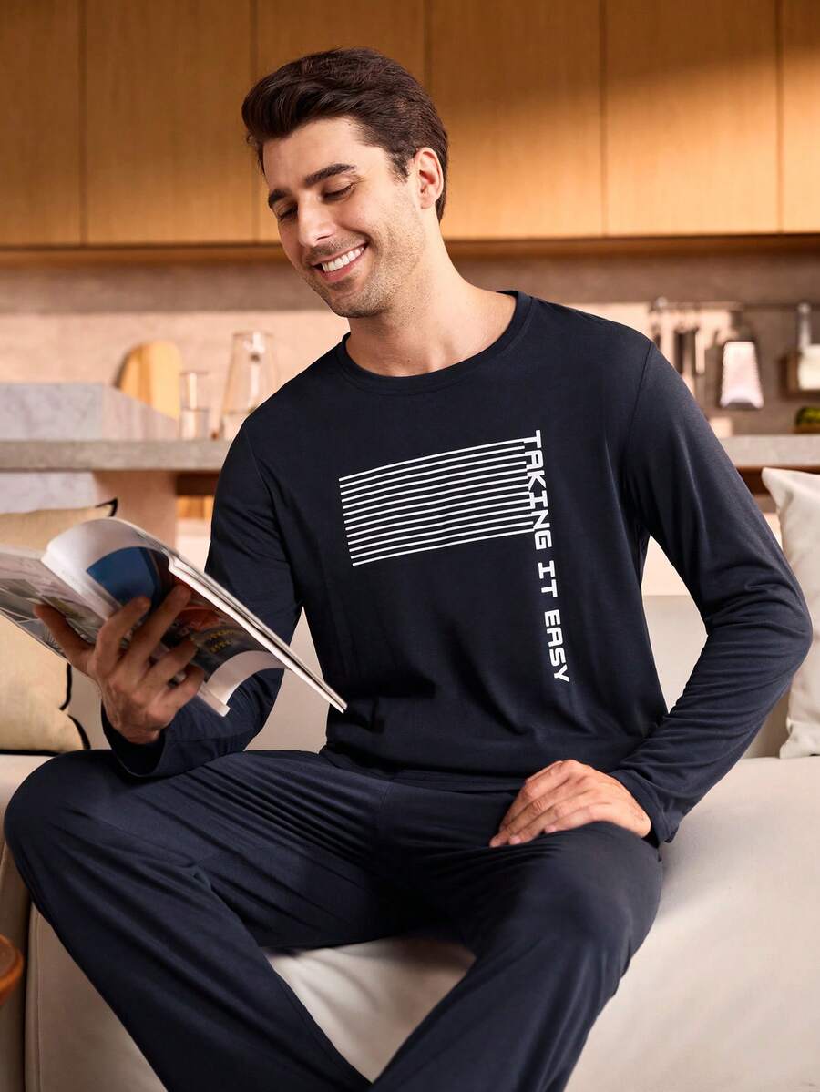 Manfinity Underwear&Sleepwear Basics Men's Letter & Striped Crew Neck Long Sleeve Top And Pants Pajama Set Fall Winter Clothes - Navy Blue - View 1