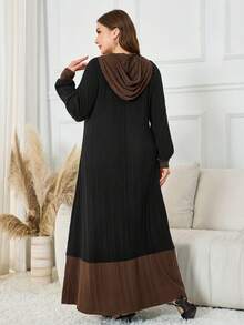 Al Najma Đầm dài tay có mũ trùm đầu màu khối 2 trong 1 có khóa kéo trang trí bằng vải nhung sang trọng, thường ngày đa năng, cao cấp, tinh tế, cỡ lớn, thích hợp mặc ở nhà, mùa thu/đông - màu đen - Xem 2