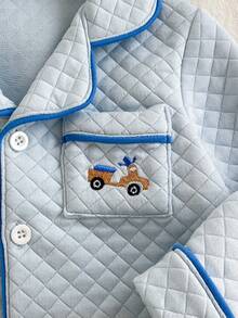 2pcs Baby Boys Autumn/Winter Outfit, Plaid Fleece Cardigan With Pockets & Cartoon Car Embroidery, Long Sleeve Top And Pants Set Baby Boy Blue Set Baby Car Outfit Blue Baby Boy Pajama Set Quilted Baby Boy Outfit - Blue - View 4