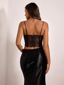 Opulessa 女士黑色性感透视蕾丝交叉吊带背心，优雅派对、奢华晚宴、毕业舞会上衣，适合毕业典礼、舞会、奢华晚宴、音乐会、派对、俱乐部、外出、优雅性感派对约会之夜等场合，性感透视上衣 - 黑色 - 查看 4