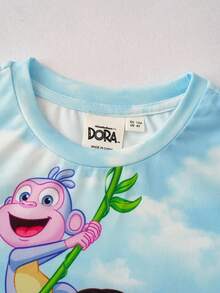 DORA | SHEIN Young Girls' Cartoon Graphic Tie-Dye Round Neck Loose Fit Long Sleeve T-Shirt, Autumn/Winter - Blue - View 5