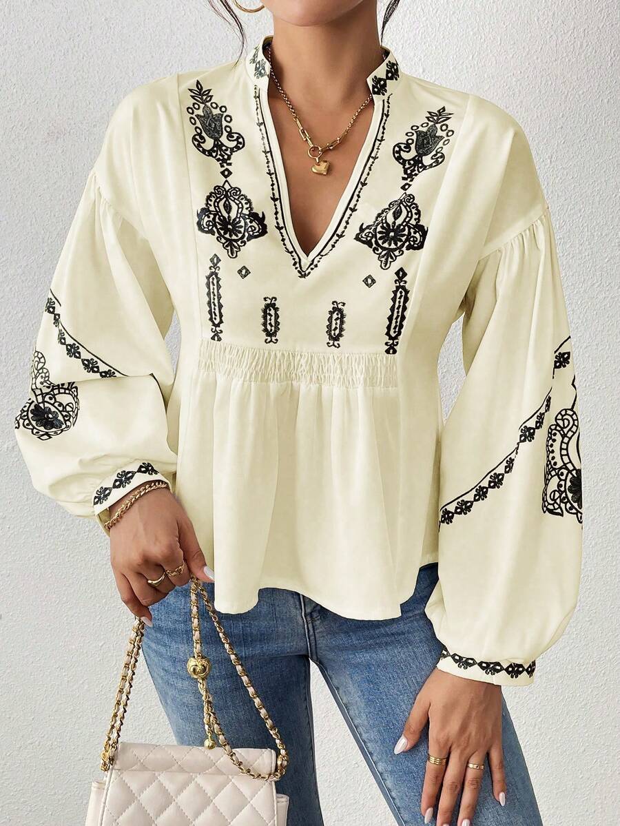 SHEIN LUNE Women's Shirred Graphic Print Long Sleeve Button Shirt Peplum Top - Light Yellow - View 1